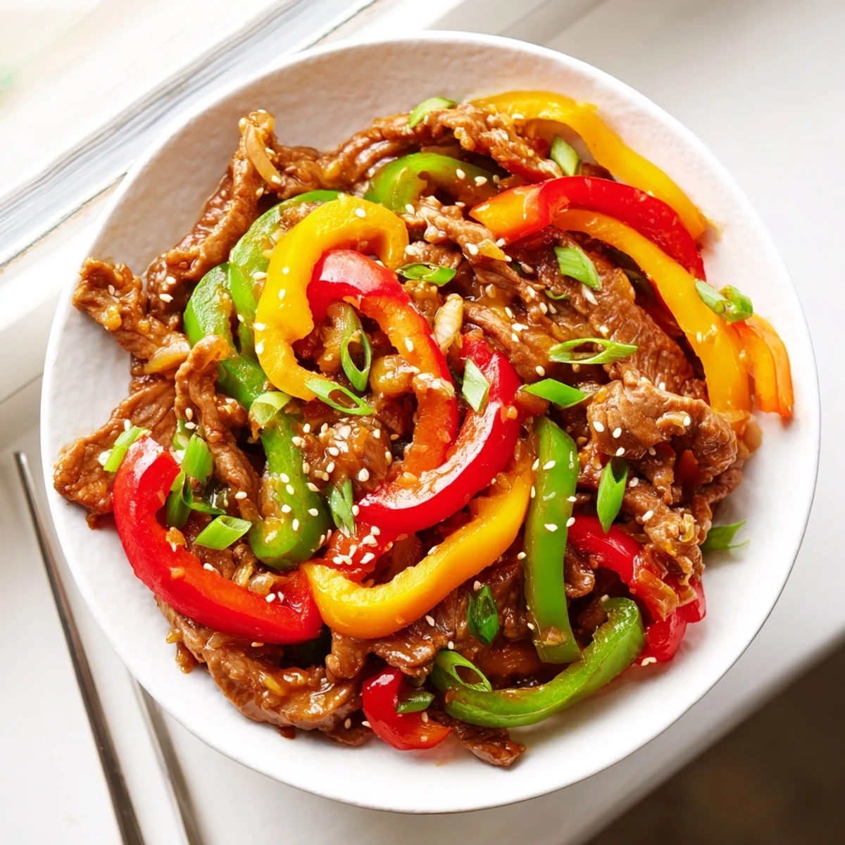 A sizzling close-up of Spicy Beef and Pepper Stir Fry with tender beef strips and vibrant bell peppers glistening in a savory sauce.