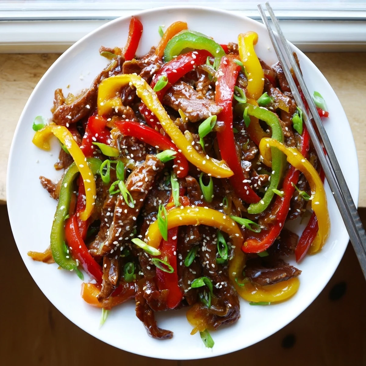 Hearty serving of Spicy Beef and Pepper Stir Fry plated with steamed white rice, garnished with fresh green onions and sesame seeds.