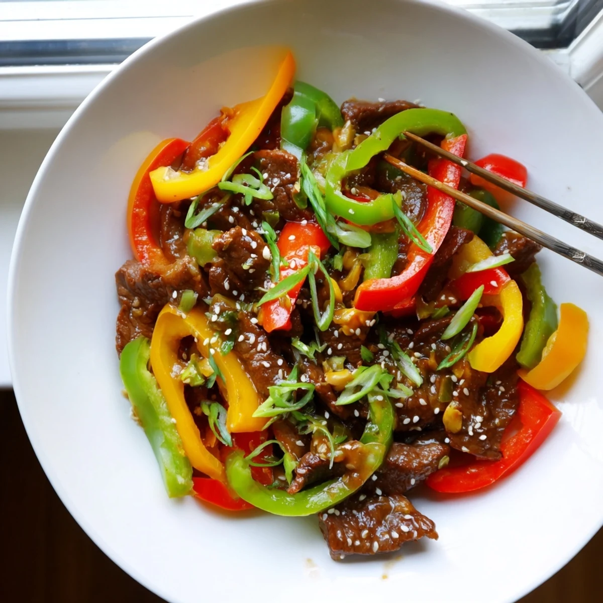 Colorful skillet of Spicy Beef and Pepper Stir Fry showcasing red, yellow, and green peppers with minced garlic and ginger.