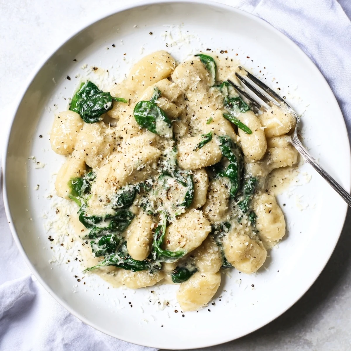 A close-up of creamy gnocchi with spinach, coated in a velvety Parmesan sauce, served in a shallow white bowl.