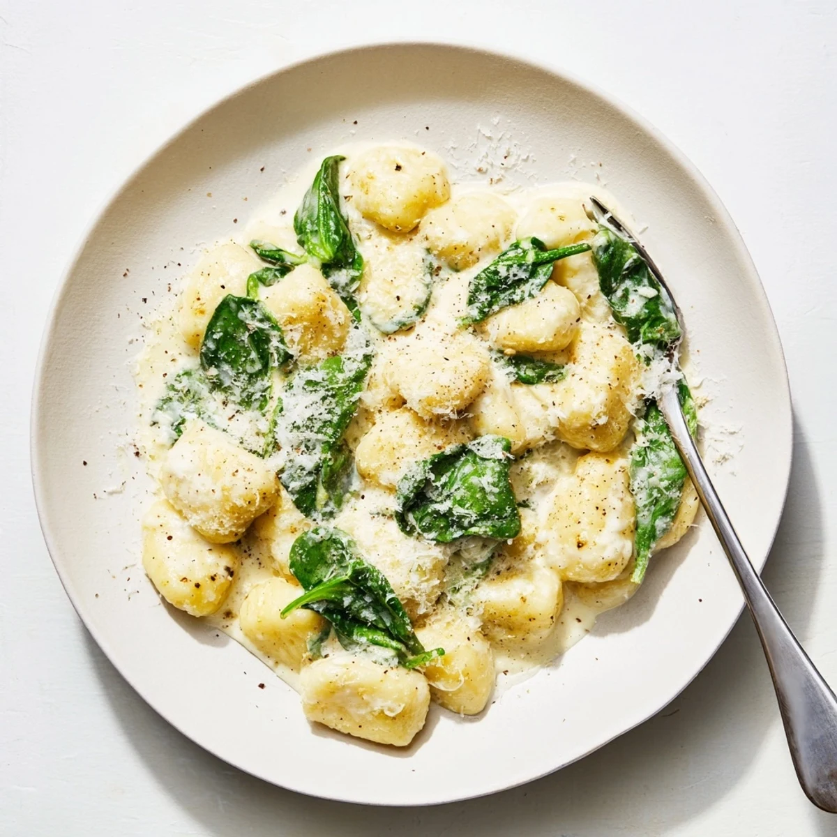 Tender potato gnocchi with spinach in a rich, garlicky cream sauce, garnished with freshly cracked black pepper.
