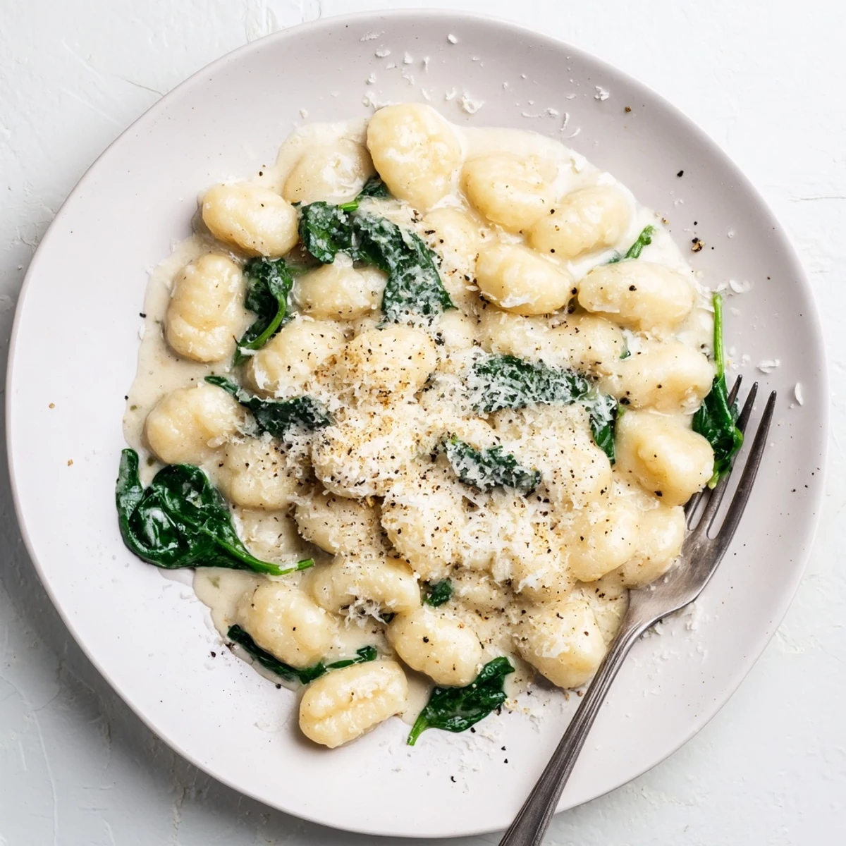 A comforting skillet of creamy gnocchi with wilted spinach and melted Parmesan, ready to serve as a cozy dinner.