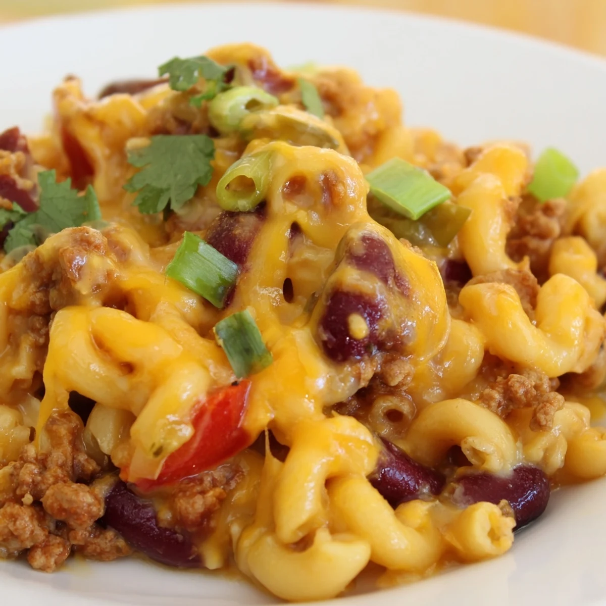 Creamy, hearty turkey chili mac and cheese steaming in a skillet, topped with melted cheddar, green onions, and a dollop of sour cream.