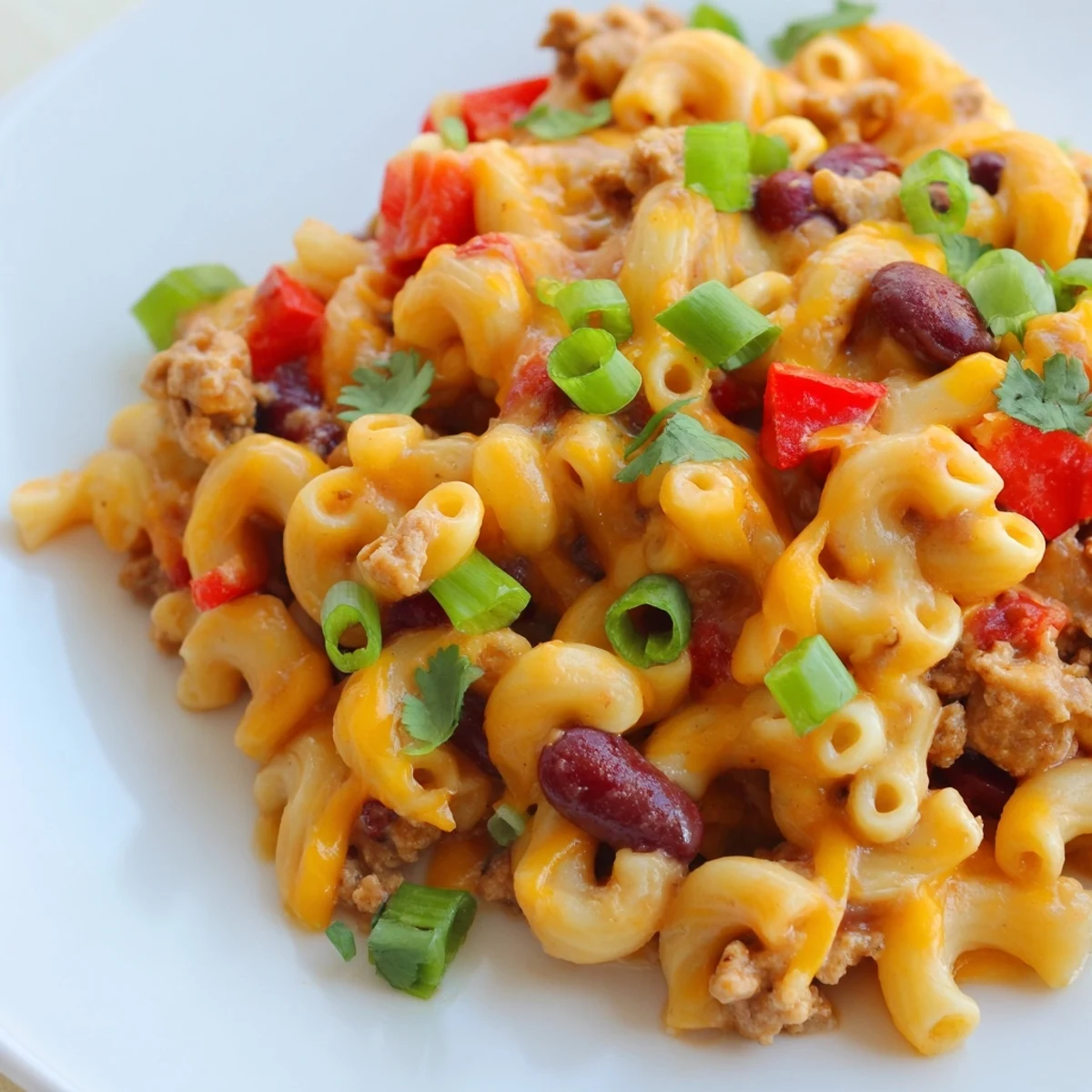 A colorful bowl of turkey chili mac and cheese with ground turkey, red bell peppers, and kidney beans ready to serve.