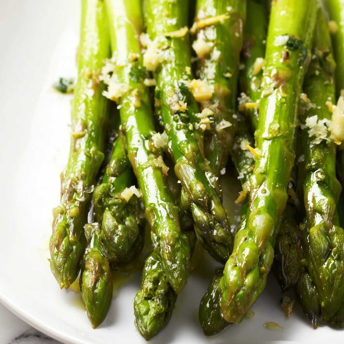 Tender sautéed Lemon Garlic Asparagus with Parmesan on a white plate, garnished with extra cheese shavings and lemon zest, perfect for pairing with grilled chicken or fish.