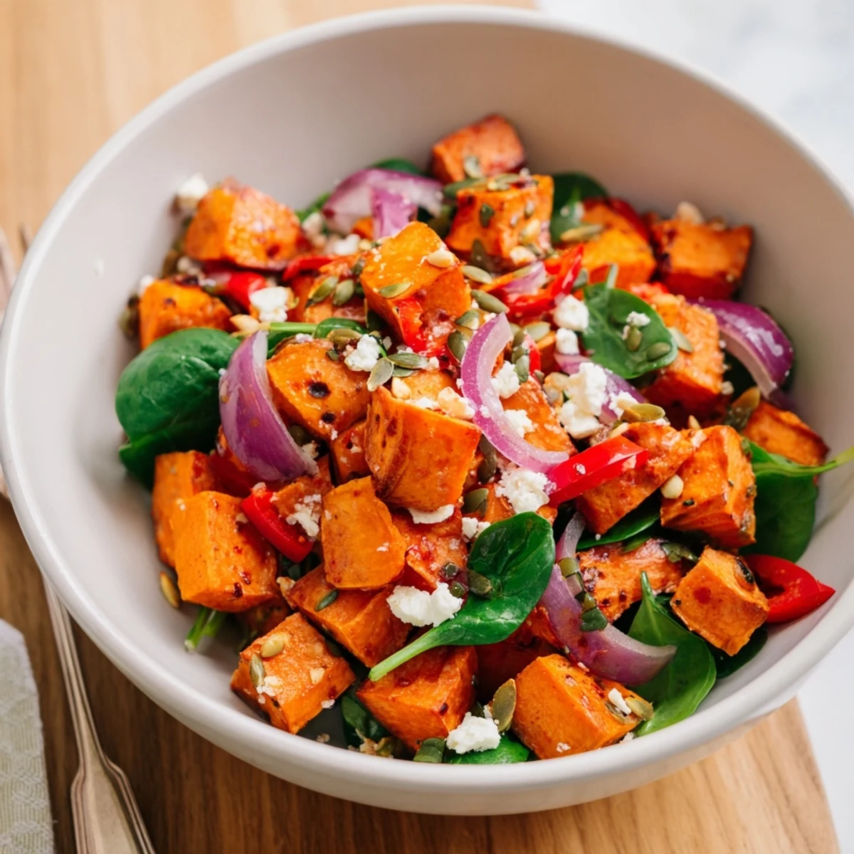 A vibrant Roasted Sweet Potato Salad with Lime features crisp vegetables and creamy feta cheese on a rustic serving platter.