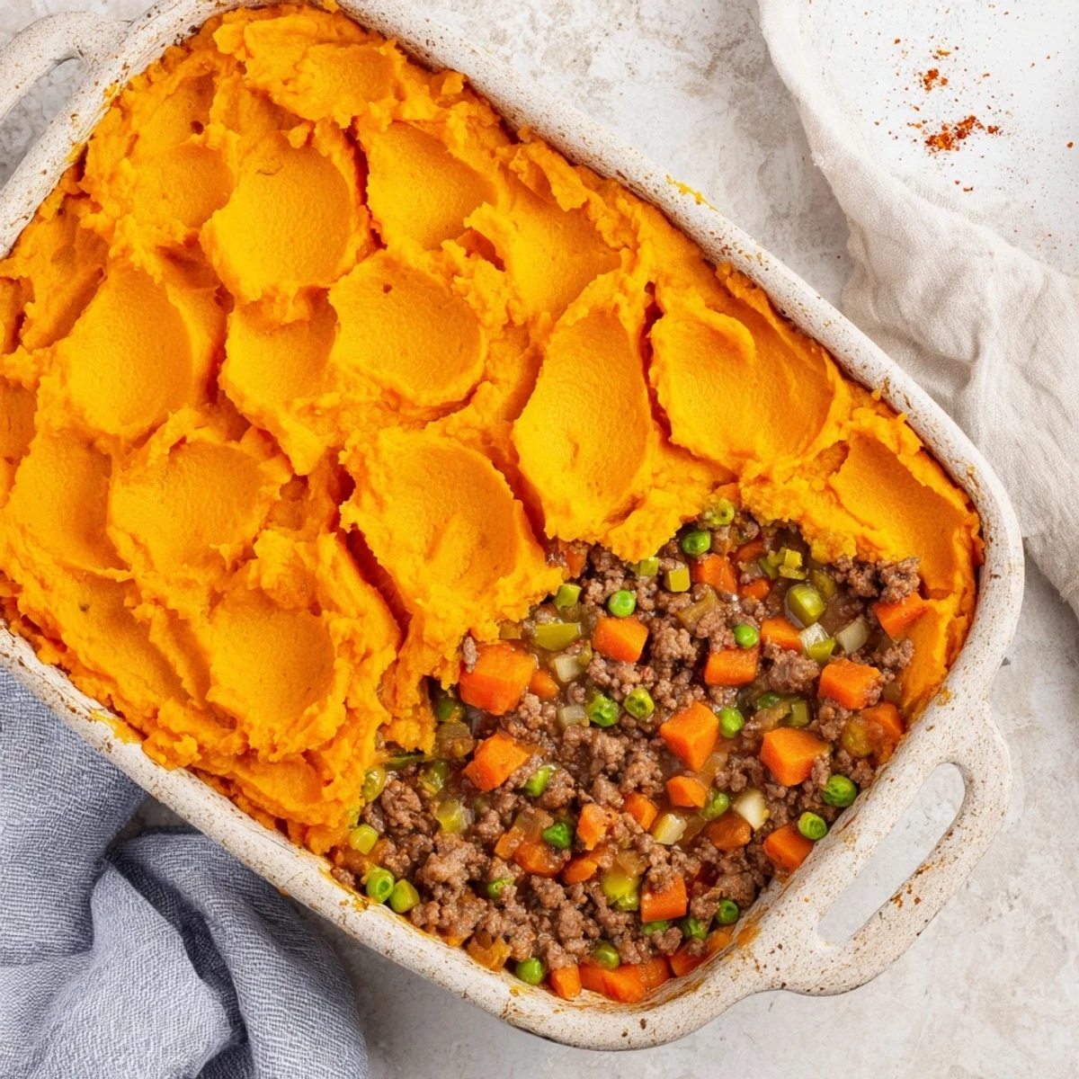 Golden mashed sweet potatoes blanket a hearty layer of seasoned ground beef, peas, and carrots in this comforting Beef Shepherds Pie with Sweet Potato.
