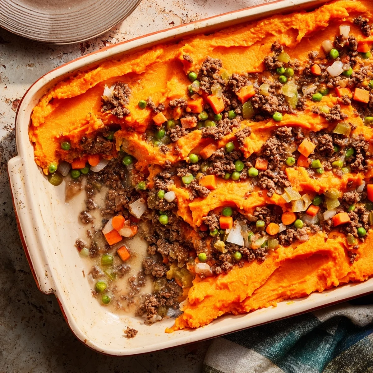 Spoon into a serving of Beef Shepherds Pie with Sweet Potato, revealing tender chunks of beef and vegetables beneath the fluffy sweet potato crust.