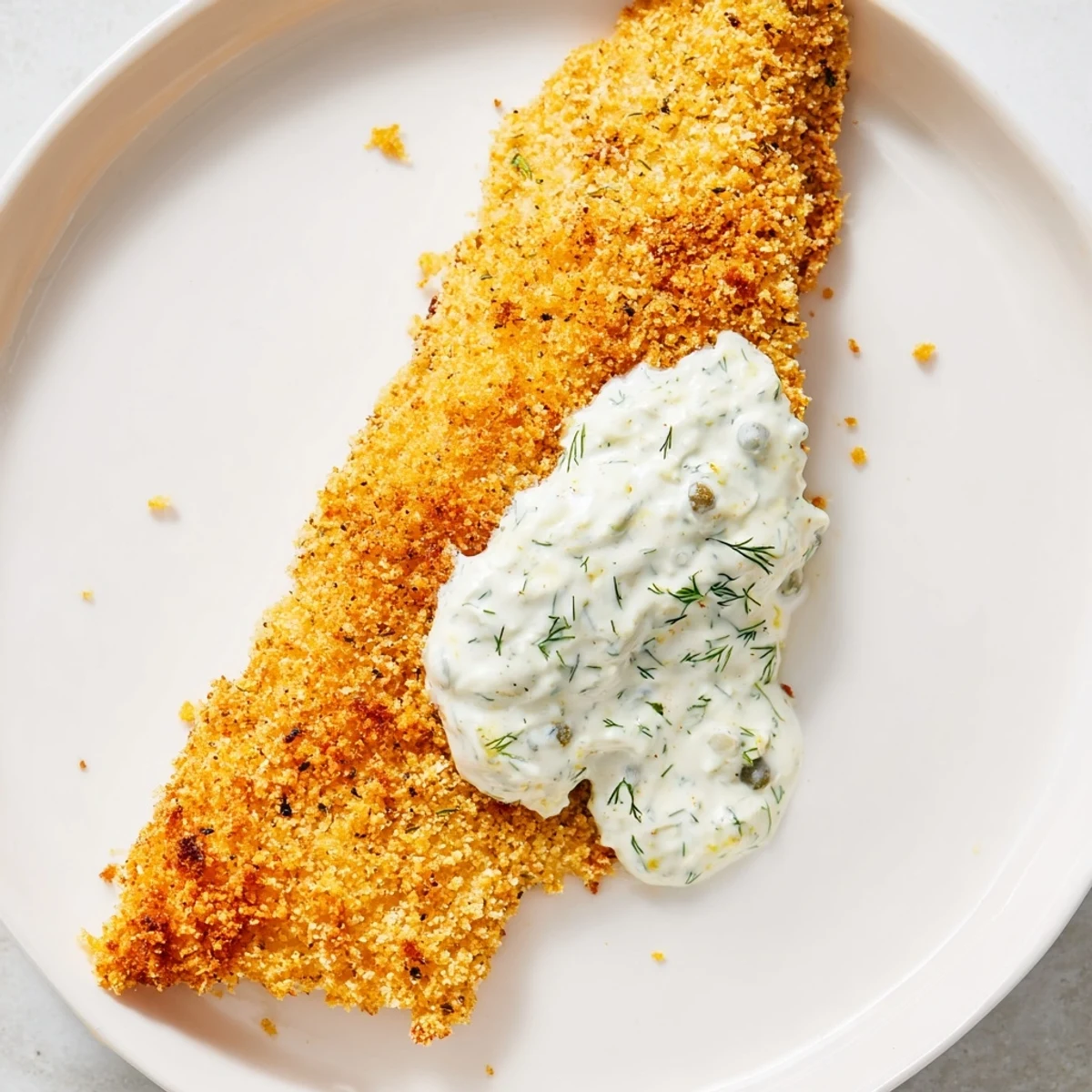 Golden-brown Cajun Fish Fry fillets drizzled with creamy homemade tartar sauce, served hot on a plate with lemon wedges.
