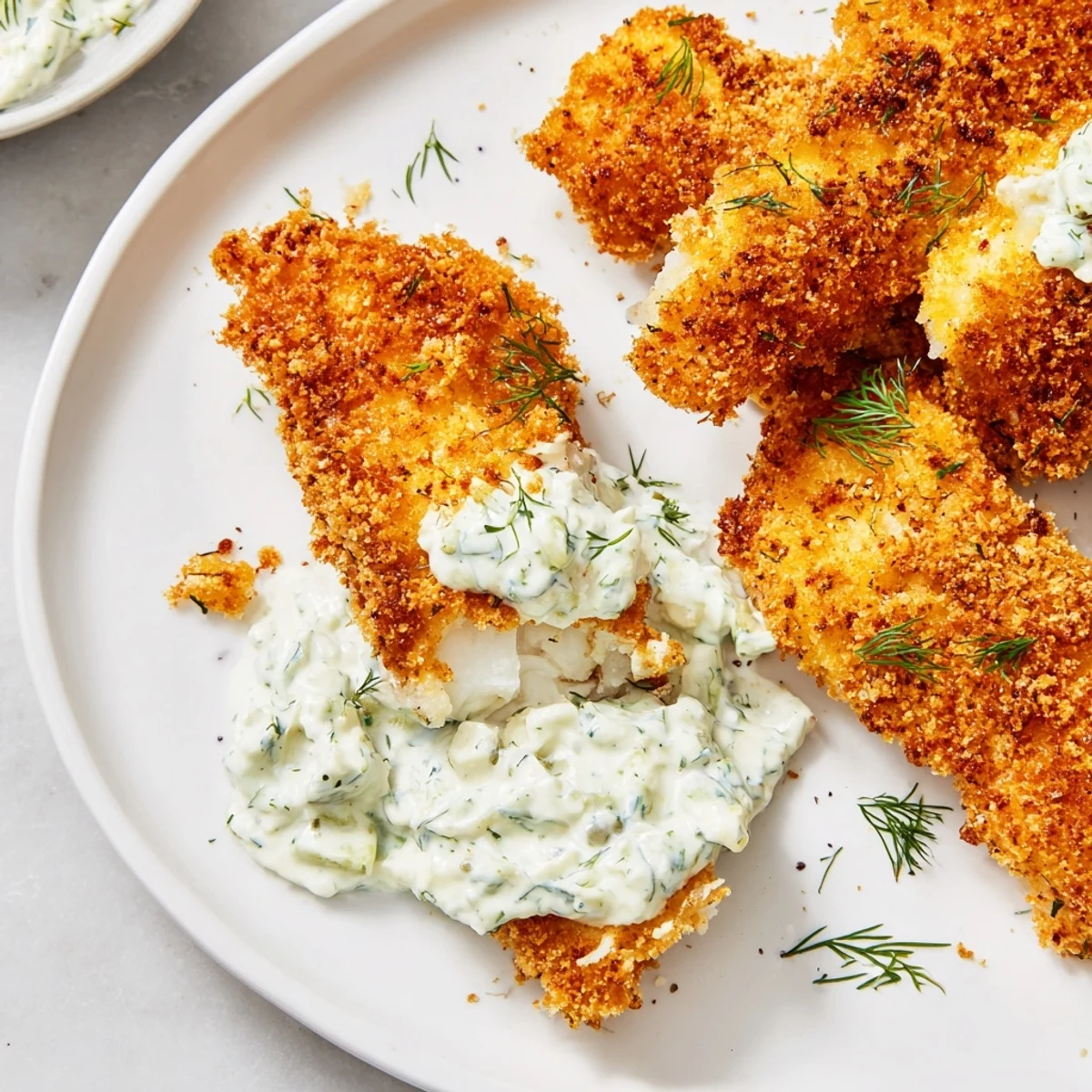 Freshly fried Cajun Fish Fry fillets served alongside creamy tartar sauce and lemon wedges on a rustic table.
