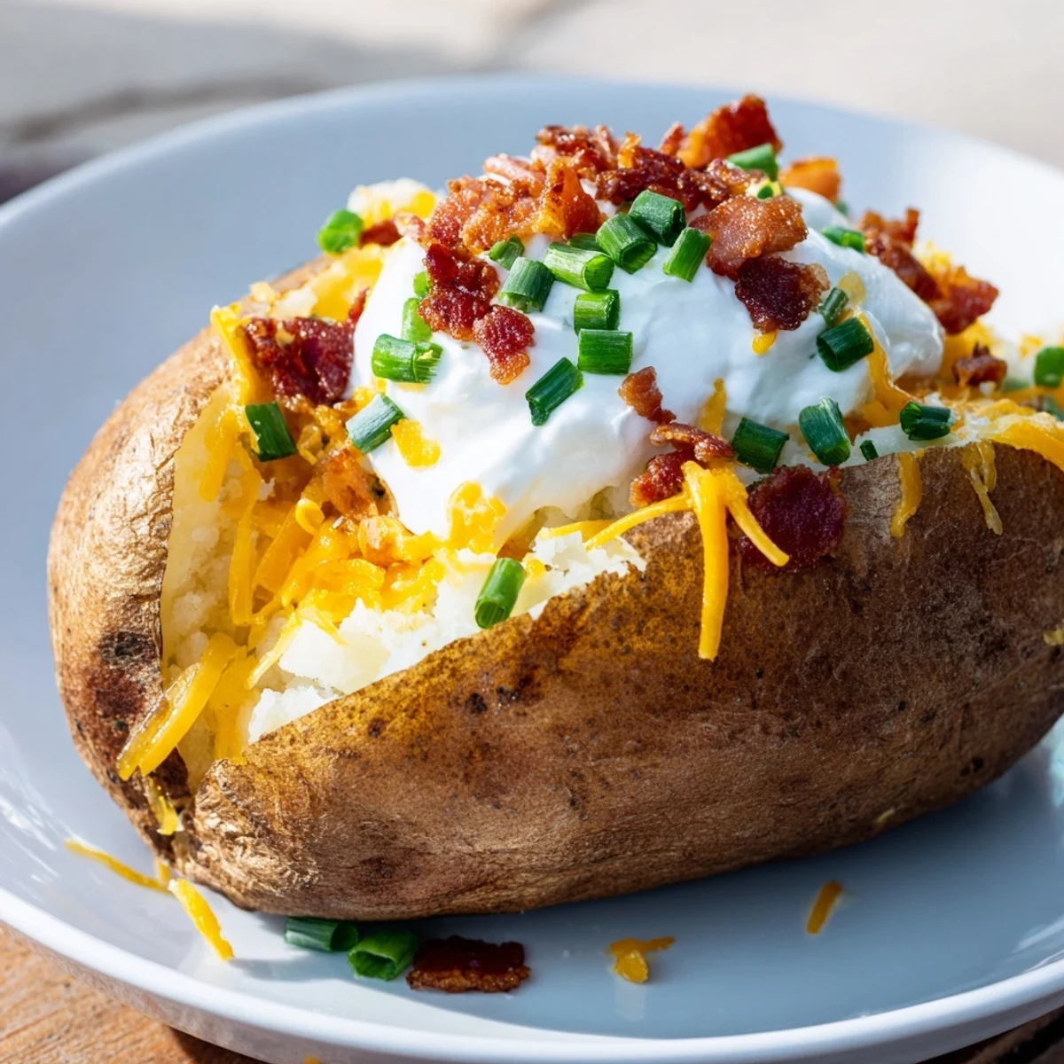 A close-up of a Super Bowl Loaded Baked Potato Bar spread, with fluffy baked potatoes, toppings like chili, cheese, and jalapeños.