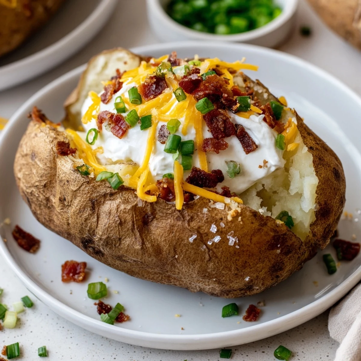 A fully loaded baked potato from the Super Bowl Loaded Baked Potato Bar, topped with melted cheddar, sour cream, and crispy bacon bits.