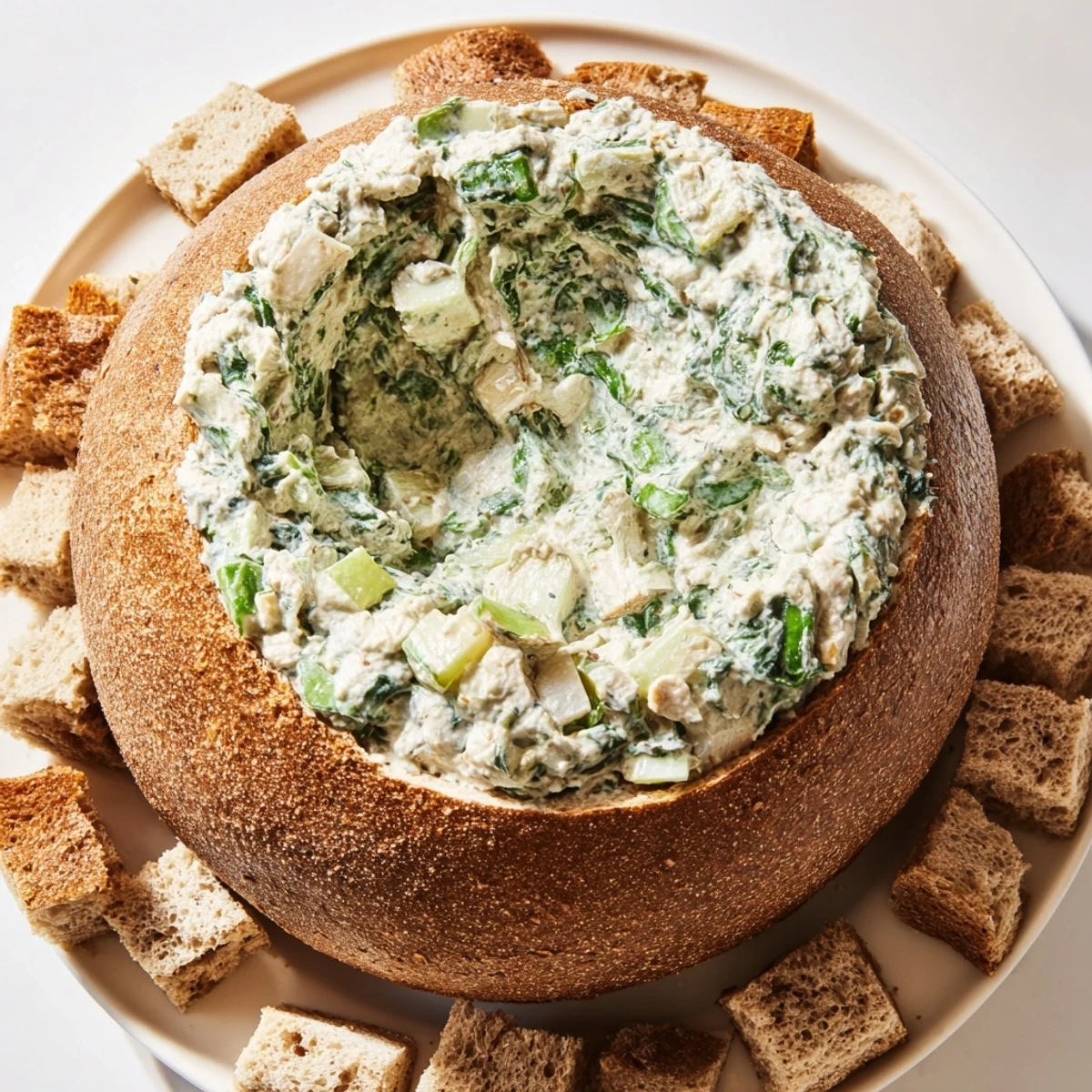 Fresh spinach and herbs blend into a rich dip served in a festive rye bread bowl.  