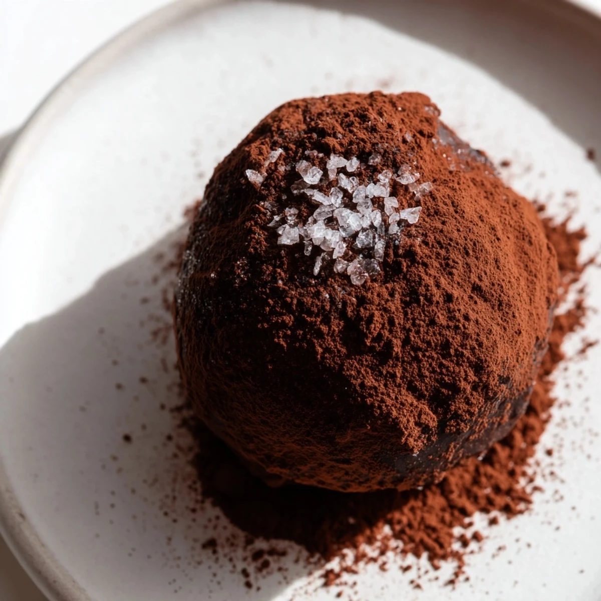 A hand reaching for a Romantic Chocolate Truffles with Sea Salt, showing a rich ganache center next to a glass of red wine.