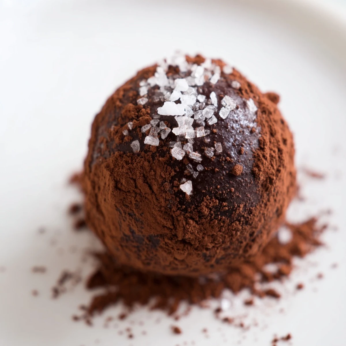 Decadent Romantic Chocolate Truffles with Sea Salt arranged on a rustic wooden board, garnished with flaky salt crystals for a romantic dessert.