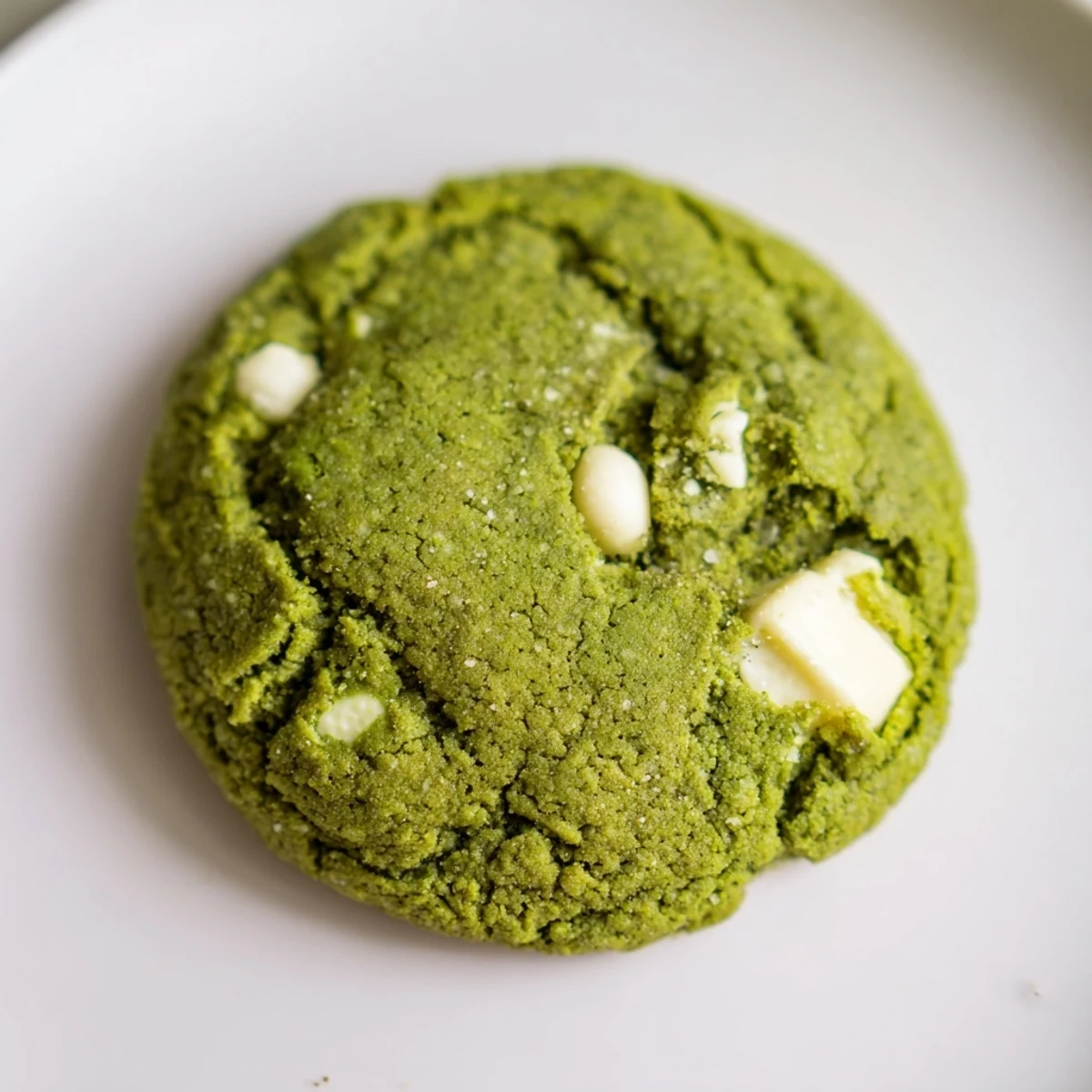 Close-up of vibrant Green Matcha Cookies with White Chocolate on a rustic wooden serving board.