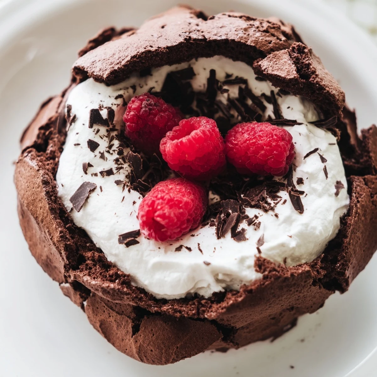 The Chocolate Raspberry Pavlova showcases a crisp chocolate meringue shell with a soft, marshmallowy center and fresh raspberries.