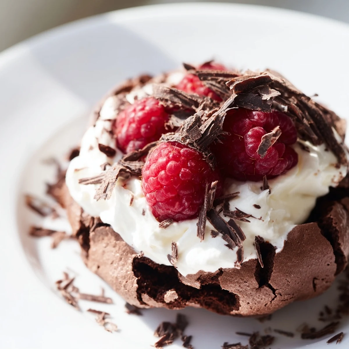A sliced Chocolate Raspberry Pavlova reveals its fluffy interior, topped with whipped cream and vibrant fresh raspberries on a platter.
