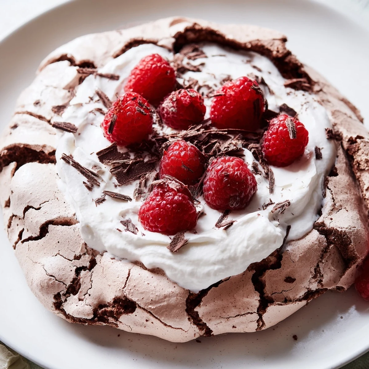 Close-up view of a Chocolate Raspberry Pavlova garnished with chocolate shavings and ripe red raspberries, perfect for a dessert table.