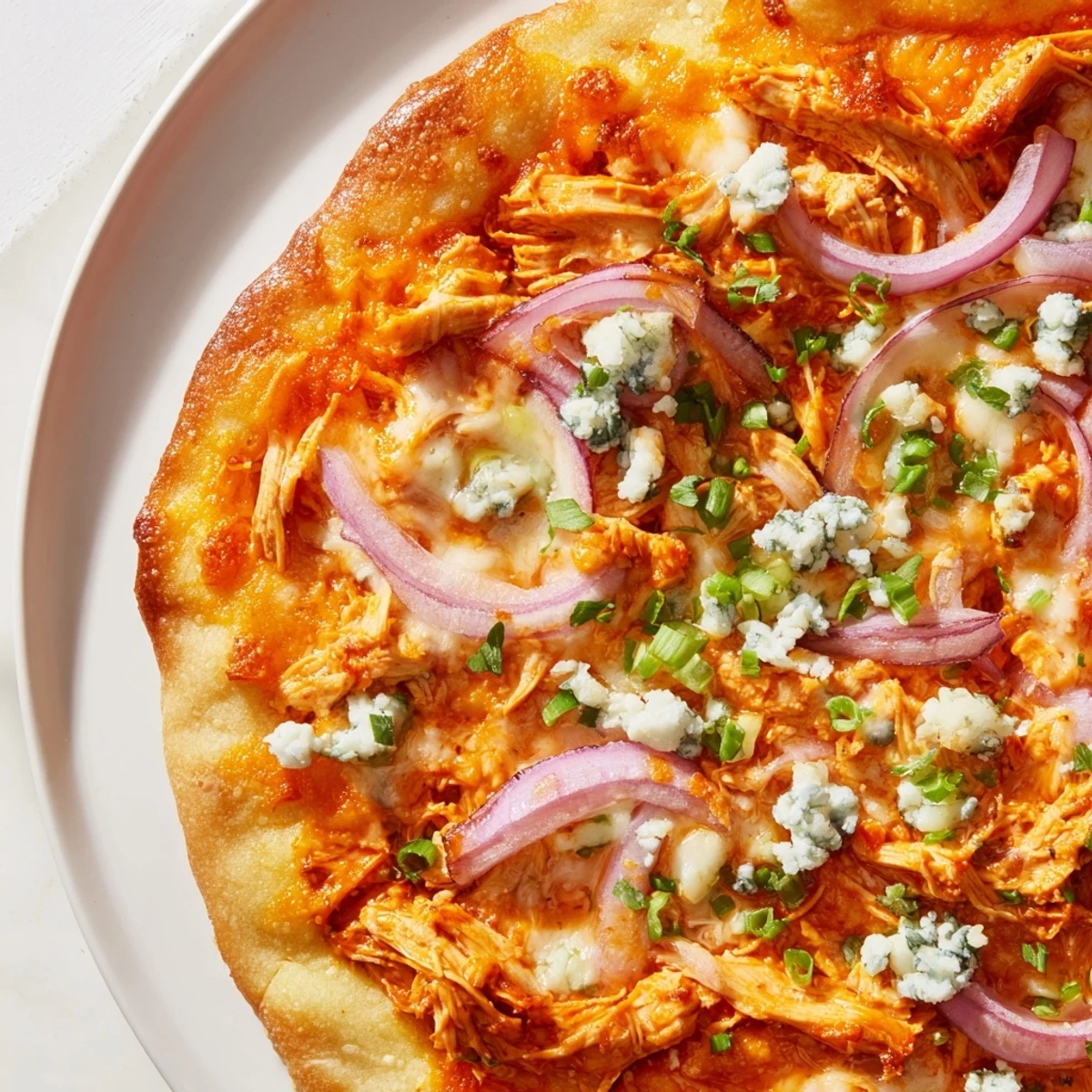 Golden-brown MVP Buffalo Chicken Pizza with Blue Cheese on a rustic wooden board, topped with melted mozzarella and crumbled blue cheese.