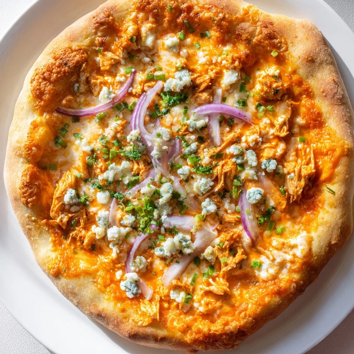 Freshly baked MVP Buffalo Chicken Pizza with Blue Cheese shows spicy red chicken and green onions on a golden crust.
