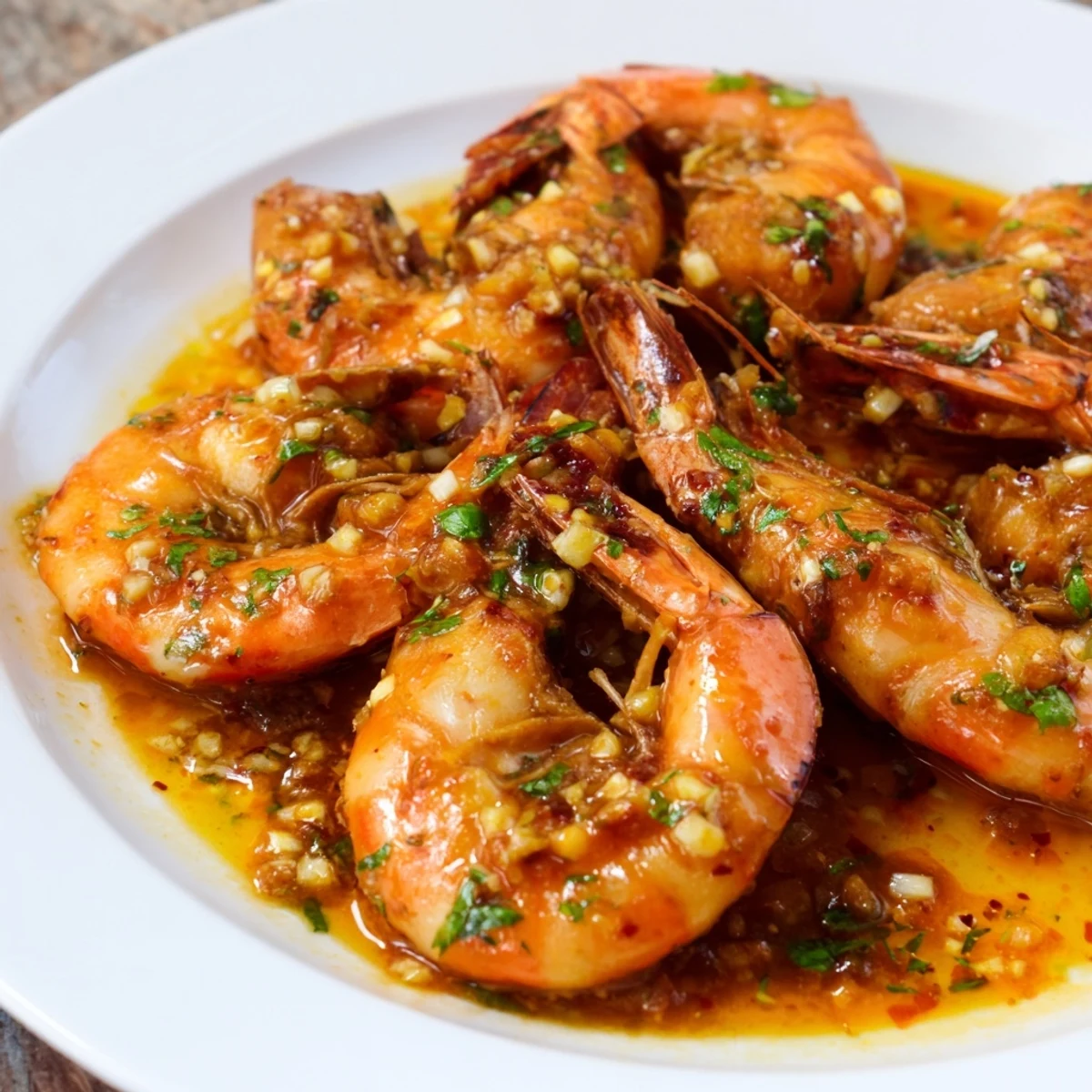 Golden, saucy New Orleans BBQ Shrimp with French Bread on a platter, garnished with parsley and green onions.