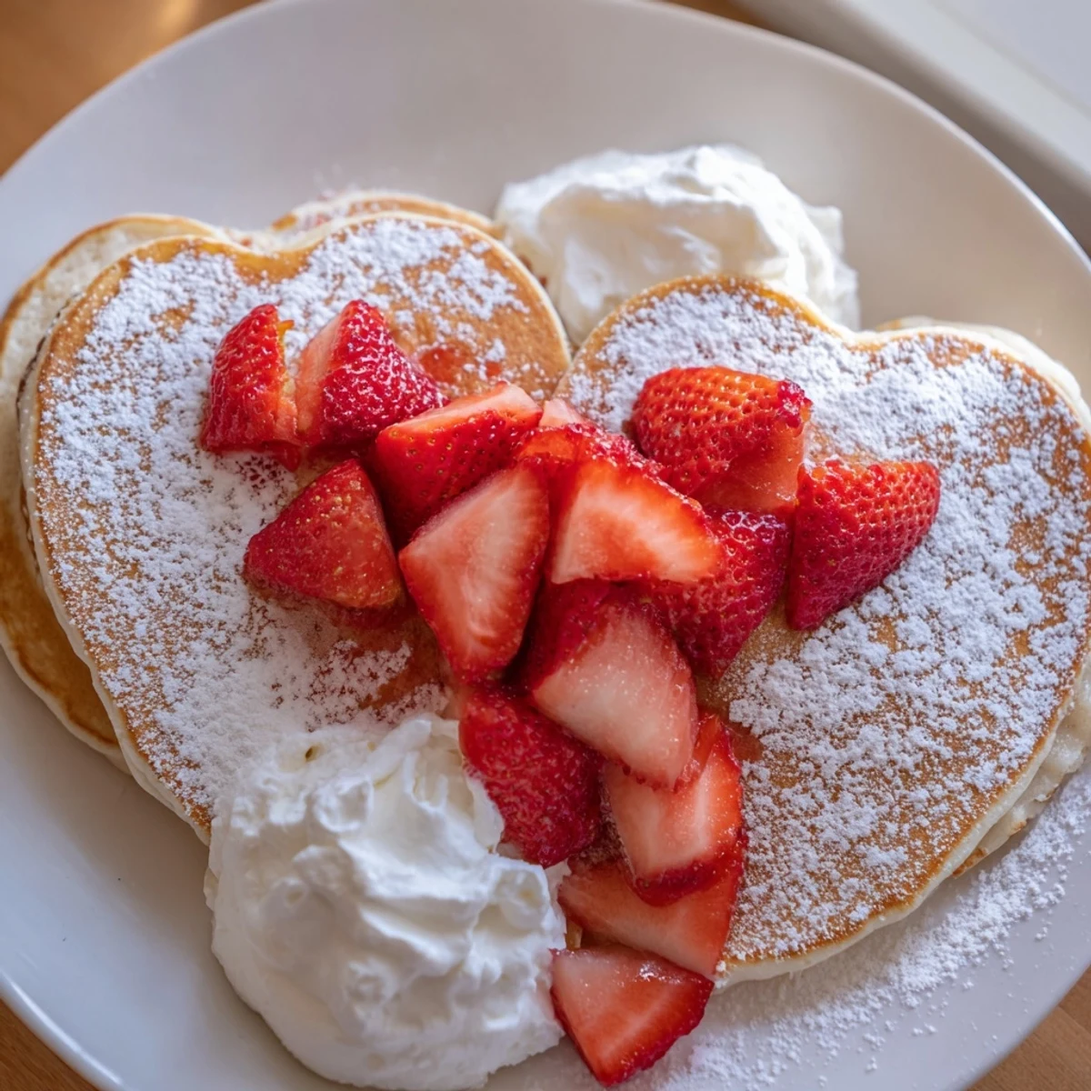 Stack of fluffy Valentine Breakfast Pancakes drizzled with maple syrup and garnished with vibrant red strawberries.