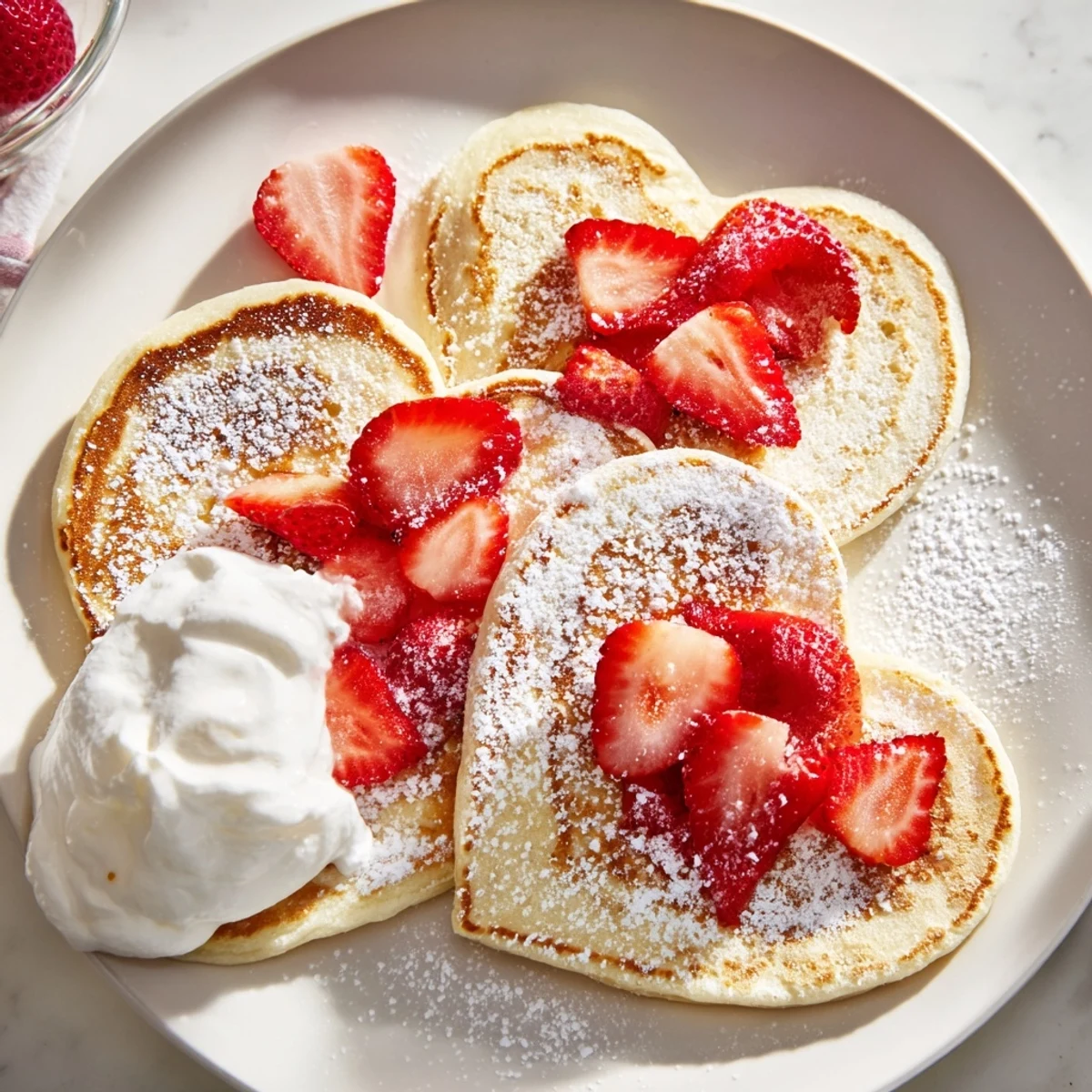 Warm Valentine Breakfast Pancakes served on a white plate with powdered sugar and sweet berry toppings.