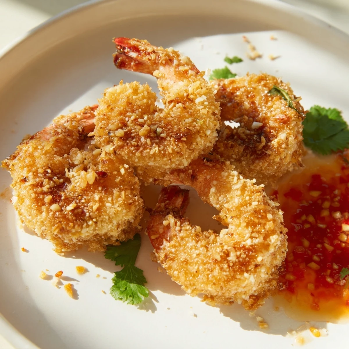 Freshly fried Crispy Coconut Shrimp with Sweet Chili Sauce piled high on a plate with lime wedges.