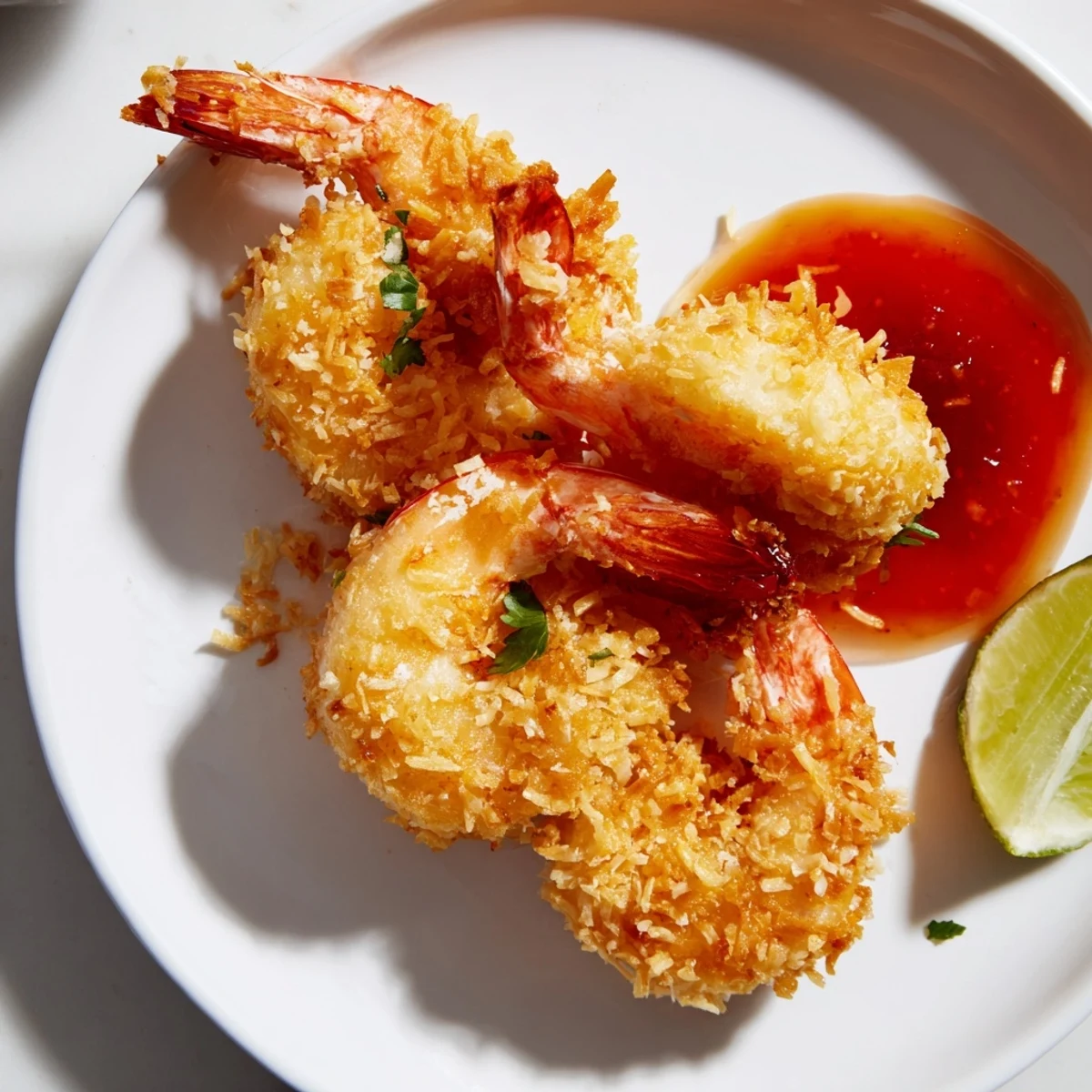 Restaurant-style Crispy Coconut Shrimp with Sweet Chili Sauce arranged beside a tall glass of white wine.