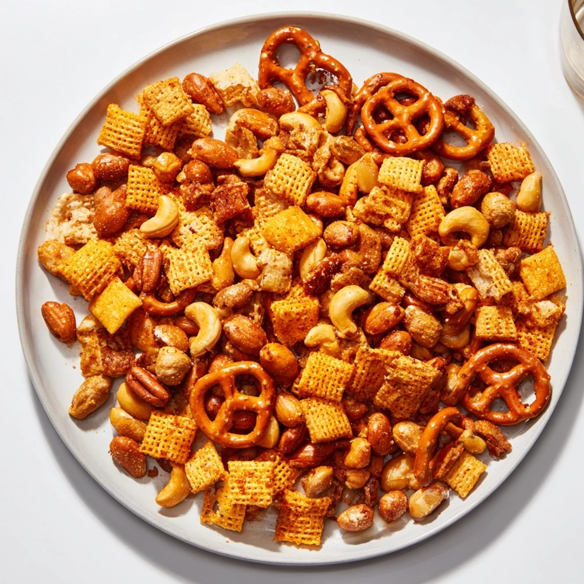 Bowl of Super Bowl Snack Mix with Nuts and Pretzels, showing toasted pretzels, mixed nuts, and cheese crackers seasoned with savory spices.