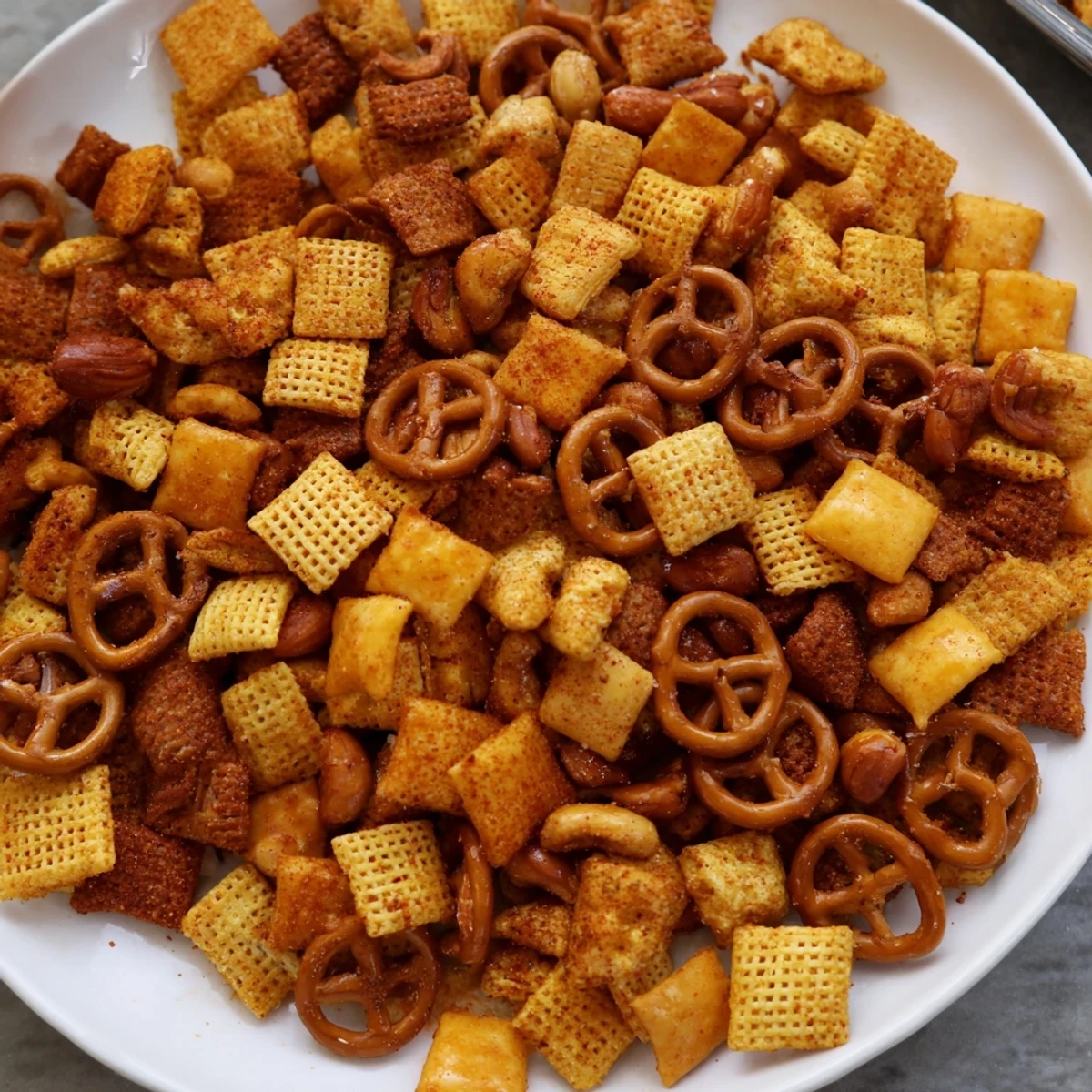 Spicy Super Bowl Snack Mix with Nuts and Pretzels in a white bowl, garnished with pretzels and nuts for a vegetarian snack.