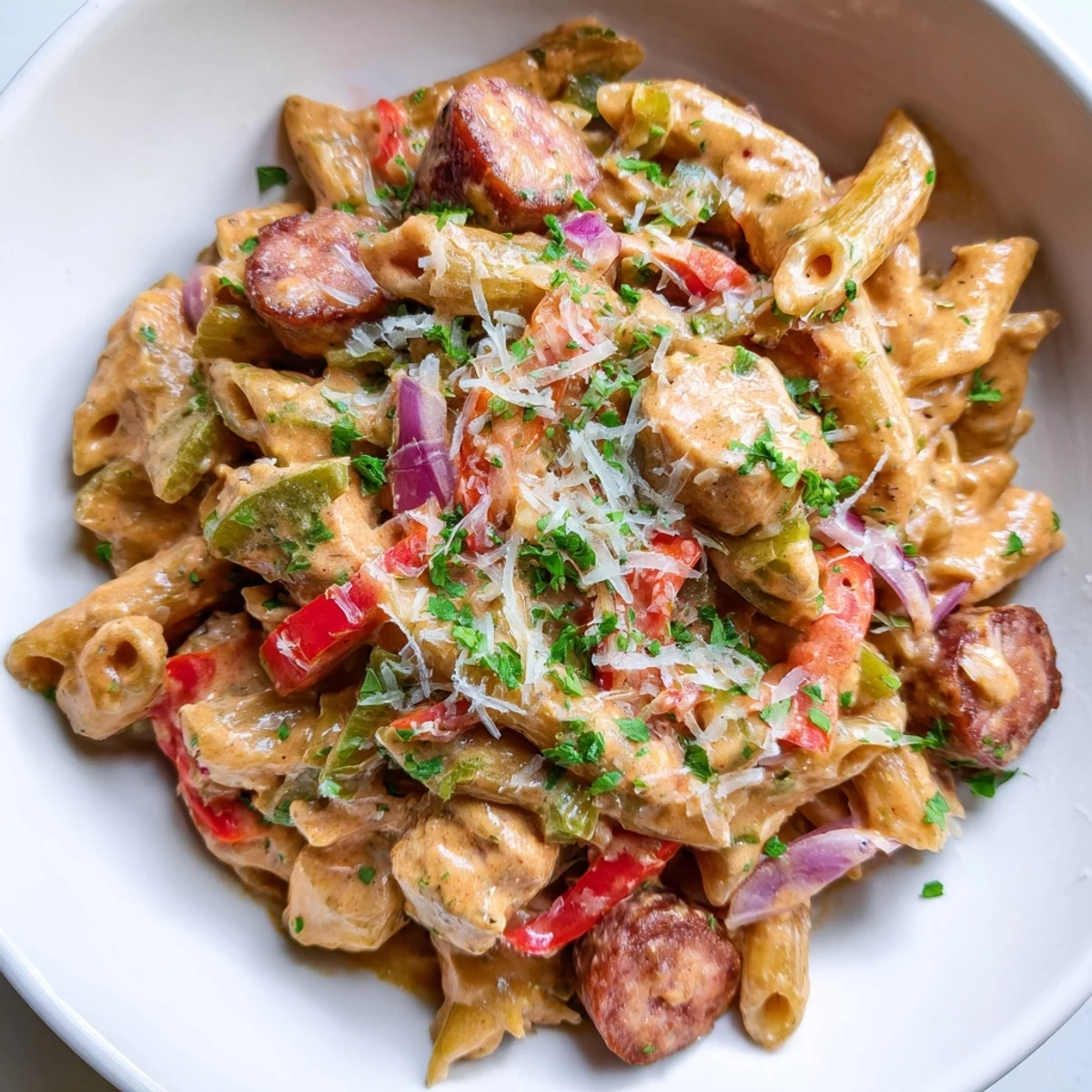 Creamy Spicy Jambalaya Pasta with Chicken features tender penne, smoked sausage, and bell peppers in a rich Cajun sauce.