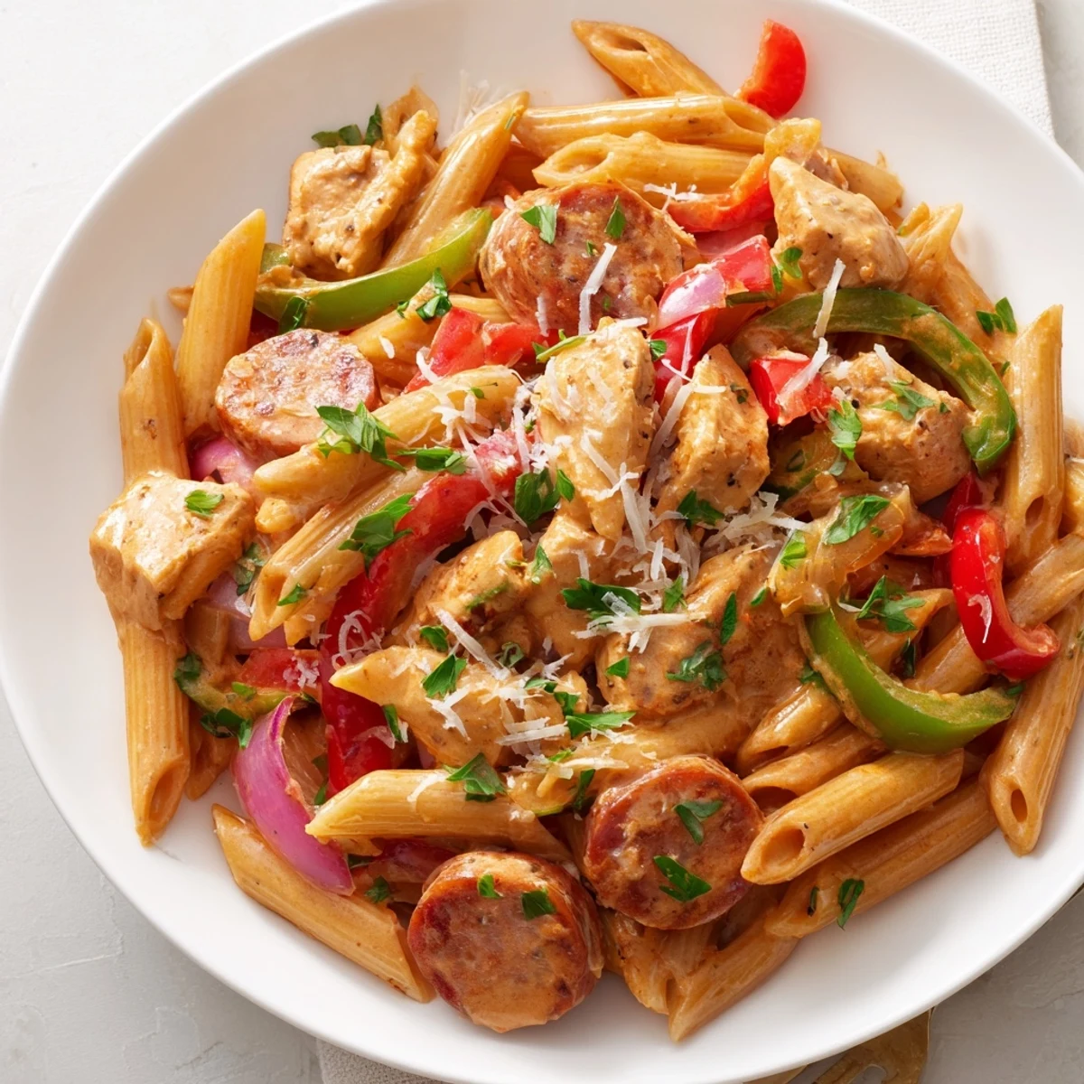 A close-up of Spicy Jambalaya Pasta with Chicken showcases golden seared meat and sautéed veggies coated in a spicy, velvety sauce.