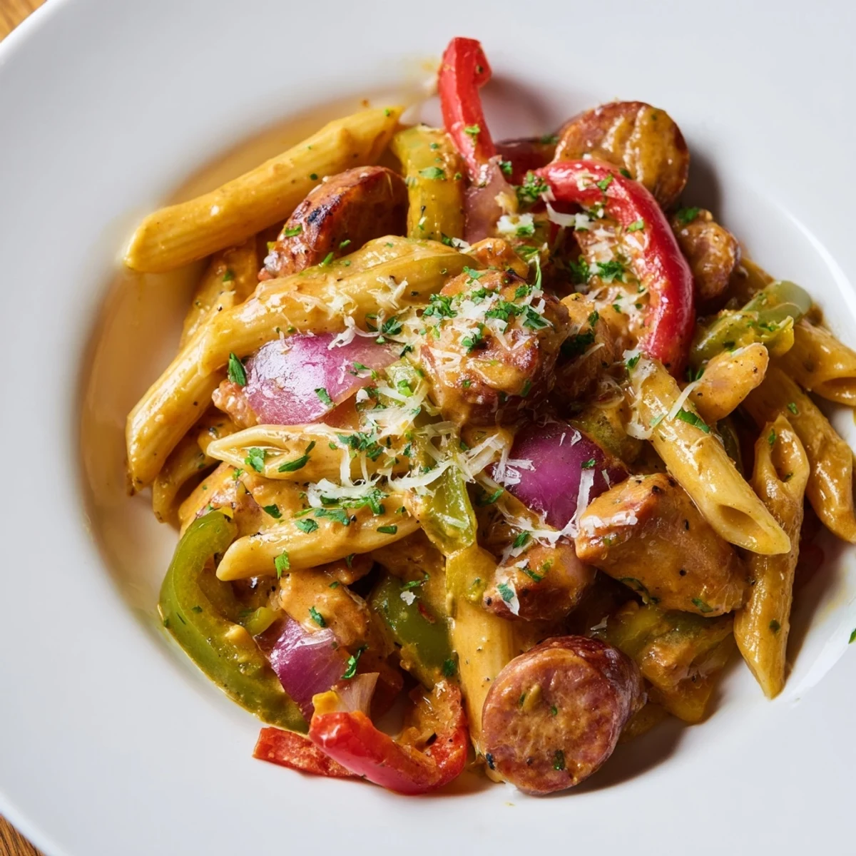 Top-down view of Spicy Jambalaya Pasta with Chicken plated with fresh parsley and Parmesan, ready for a hearty Cajun-inspired dinner.