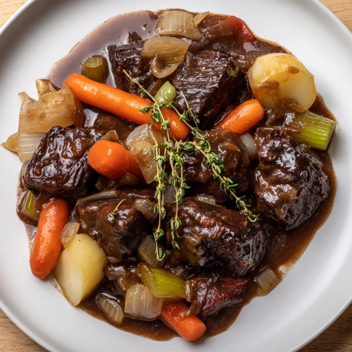 Rich Guinness-Style Alcohol-Free Beef Stew with tender beef chunks and hearty root vegetables, served steaming hot in a rustic bowl.