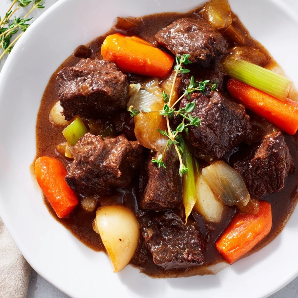 Tender Guinness-Style Alcohol-Free Beef Stew garnished with fresh thyme, served alongside crusty bread for dipping into the savory broth.