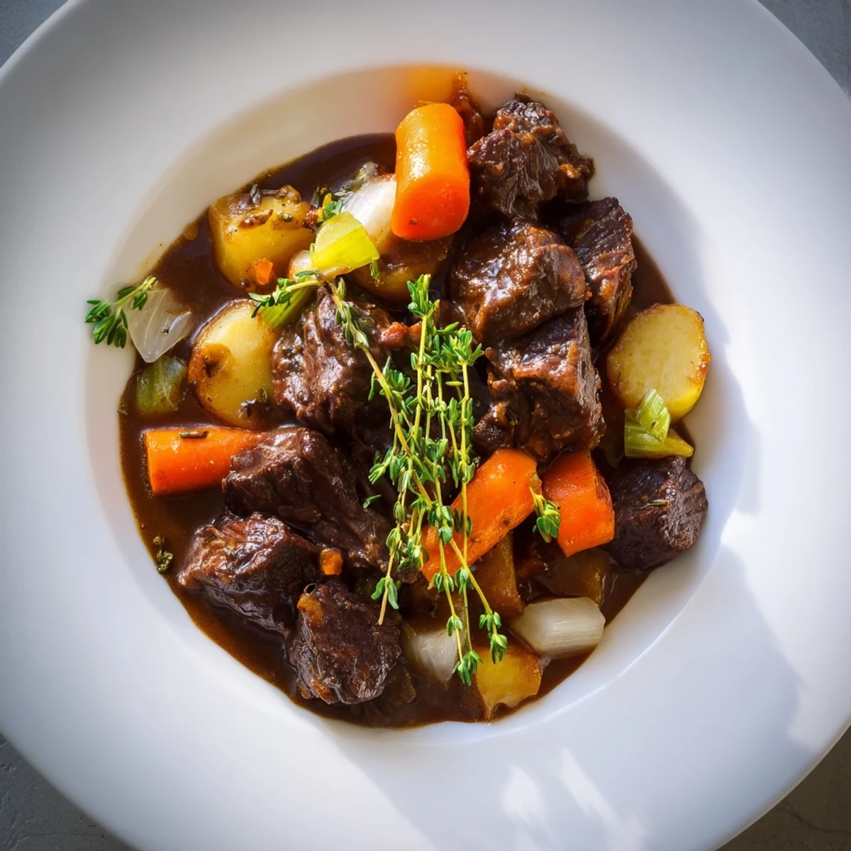 Hearty Guinness-Style Alcohol-Free Beef Stew bubbling in a Dutch oven, filled with potatoes, carrots, and parsnips for a comforting meal.
