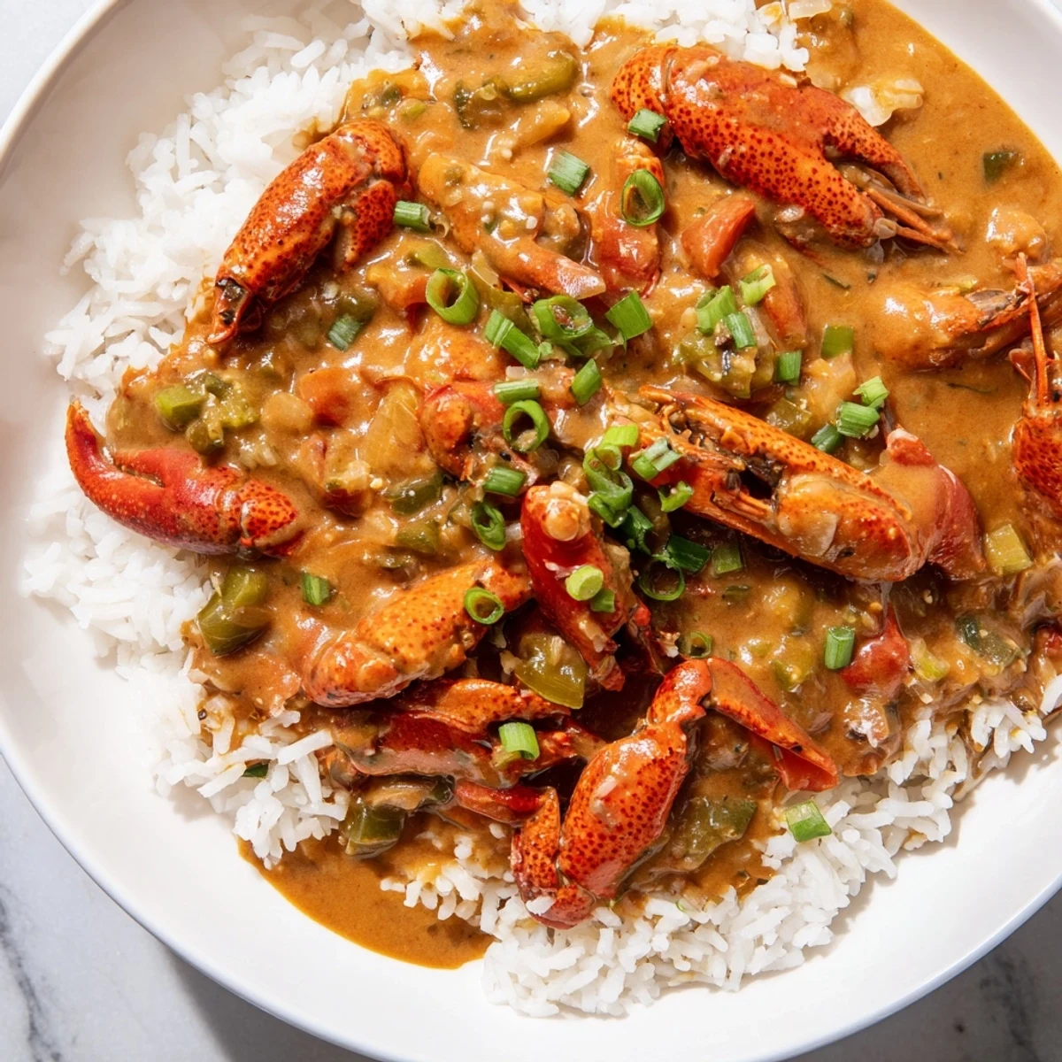 A warm bowl of Crawfish Étouffée with Steamed Rice, featuring tender crawfish tails in a rich, dark roux served over fluffy white rice.
