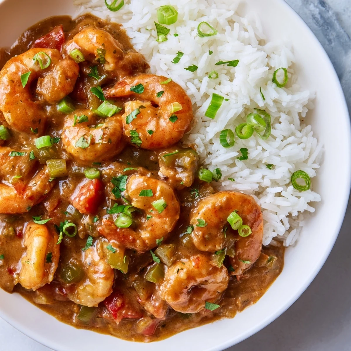 Cajun-seasoned Crawfish Étouffée with Steamed Rice bubbling in a skillet, garnished with fresh green onions and parsley for a zesty finish.