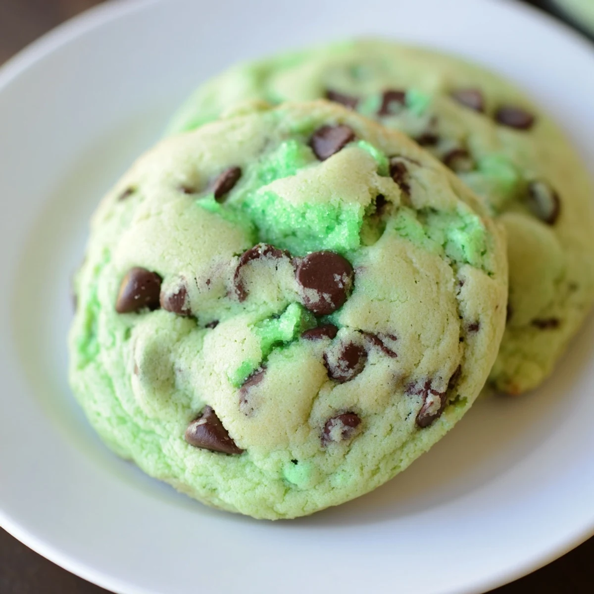Festive green Mint Chocolate Chip Cookies, soft and chewy, piled high on a white ceramic plate ready for a sweet treat.
