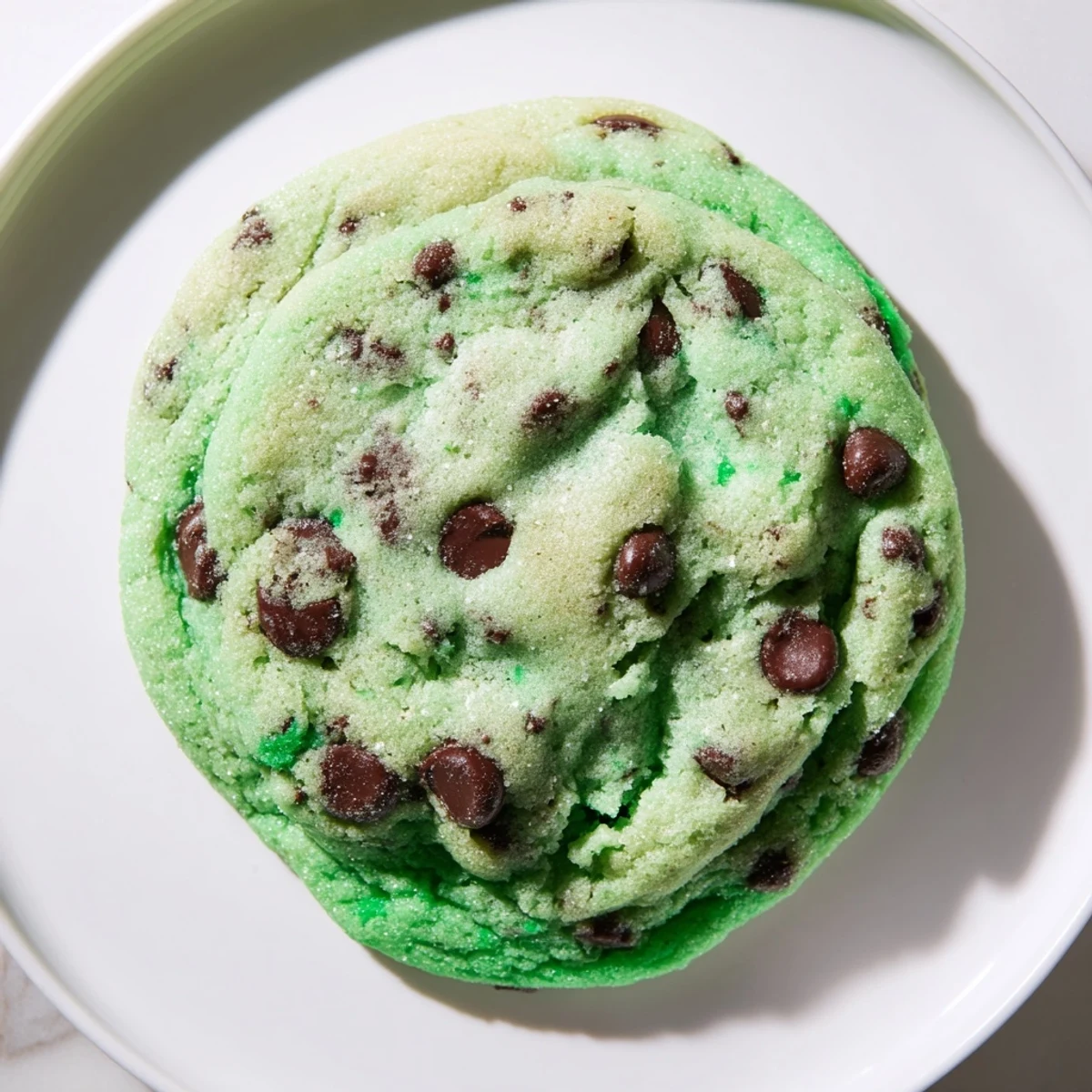 Freshly baked Mint Chocolate Chip Cookies with green coloring, studded with semi-sweet chocolate chips and served on a cooling rack.
