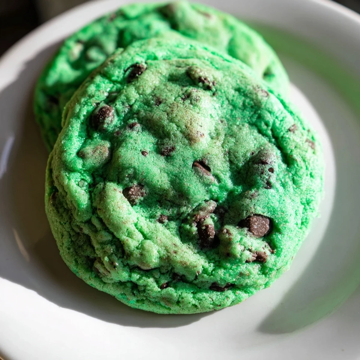 Close-up view of soft Mint Chocolate Chip Cookies showcasing mint extract flavor and chocolate chips, resting on parchment paper.