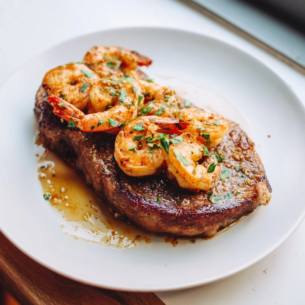 Juicy filet mignon and garlic butter shrimp for Romantic Surf and Turf Steak and Shrimp, plated with asparagus.