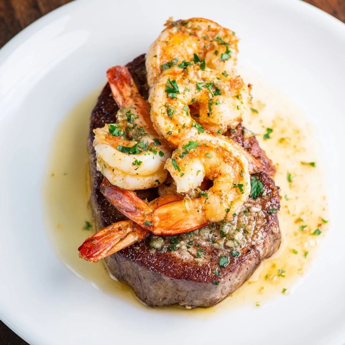 Two seared Romantic Surf and Turf Steak and Shrimp fillets topped with buttery shrimp and fresh parsley garnish.