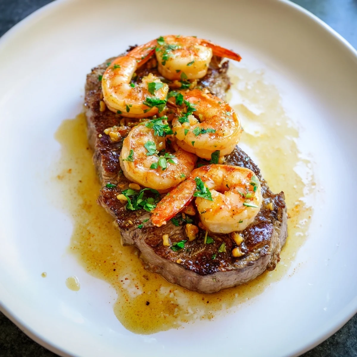 Sizzling Romantic Surf and Turf Steak and Shrimp in a cast iron pan with lemon wedges on the side.