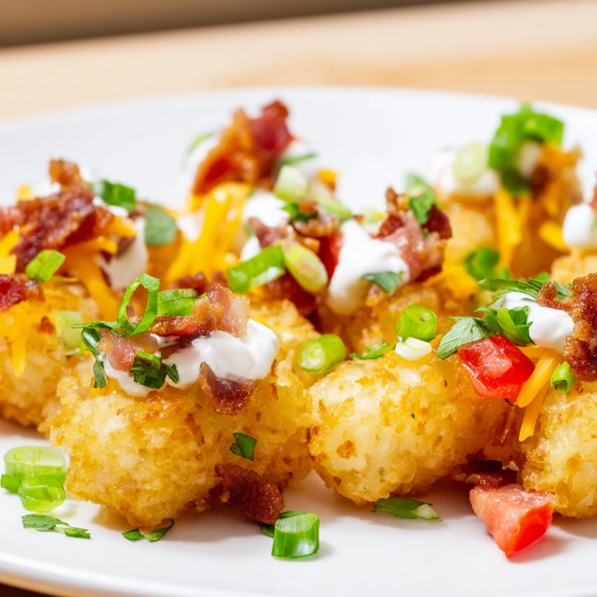 Loaded Tater Tots with Cheese and Beef Bacon, garnished with sour cream and scallions for a crowd-pleasing party snack.