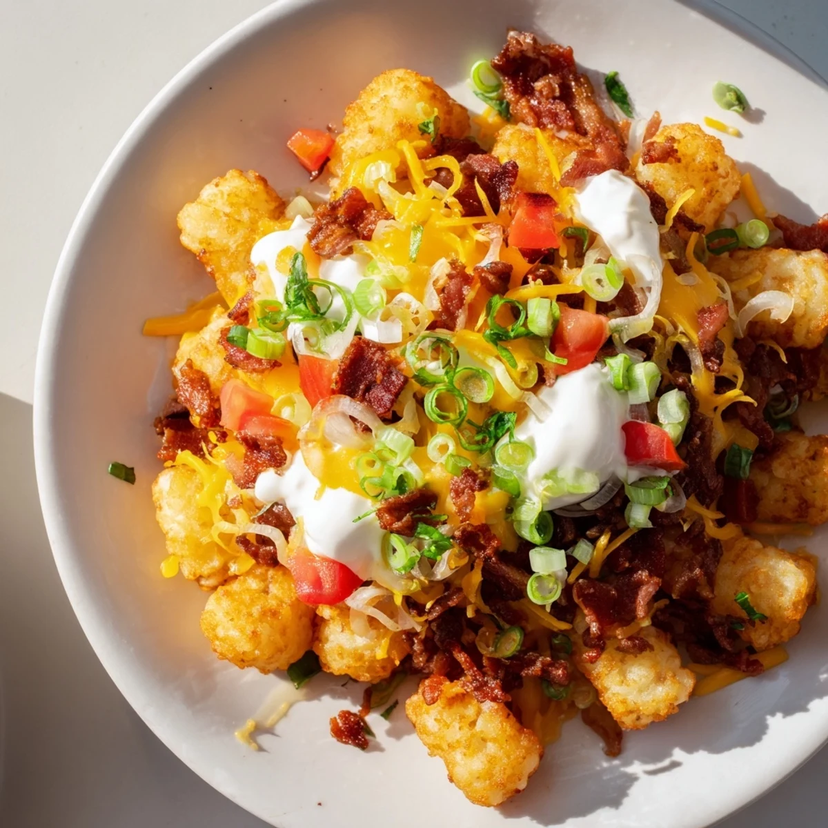 Freshly baked Loaded Tater Tots with Cheese and Beef Bacon, bubbling cheddar and crispy beef bacon ready to serve.