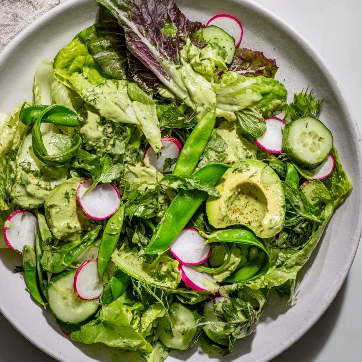 Fresh mixed greens, cucumber, radishes, and avocado tossed in creamy Green Salad with Green Goddess dressing, served chilled in a bowl.
