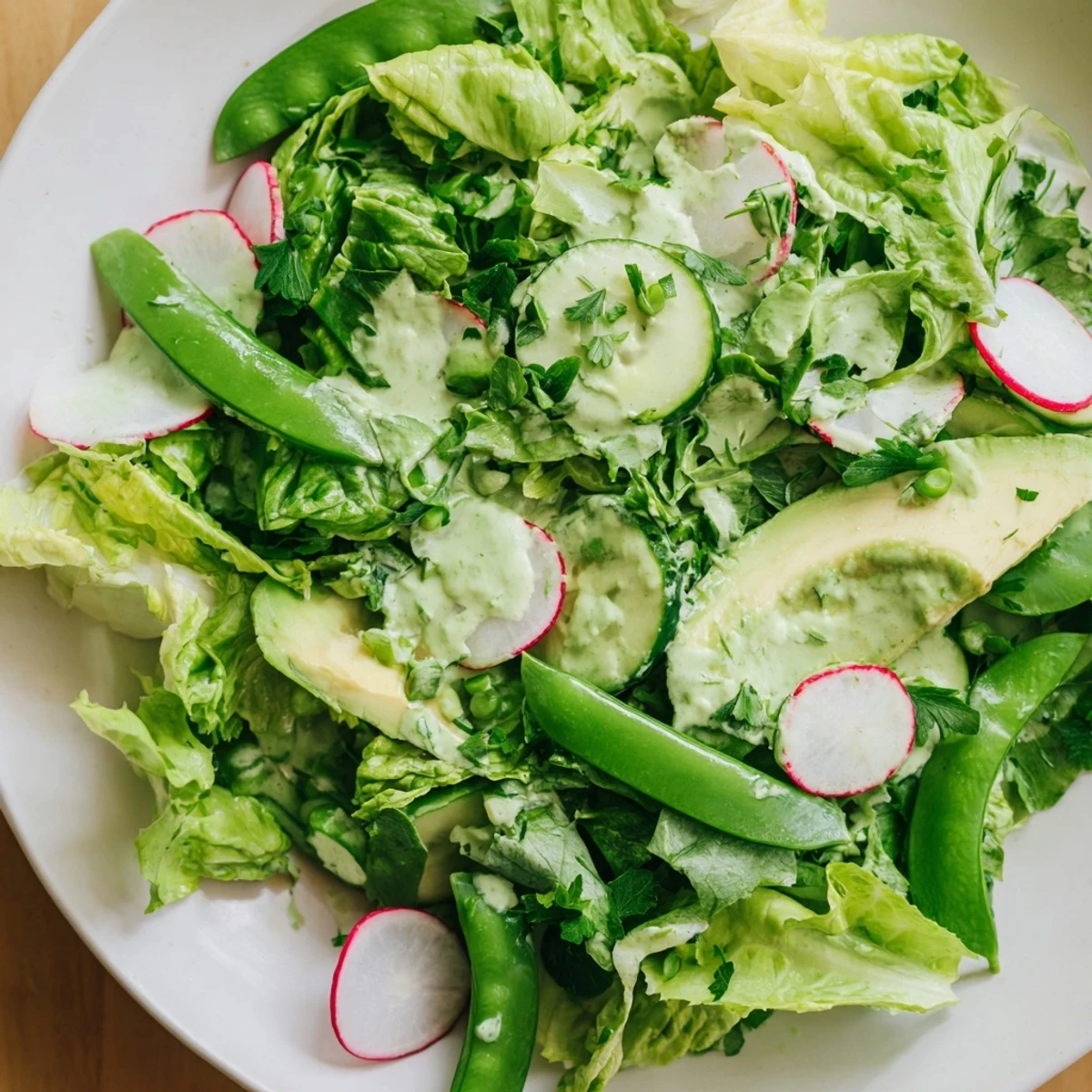 A vibrant bowl of Green Salad with Green Goddess dressing features crunchy cucumbers, snap peas, and avocado with herbaceous, creamy flavor.